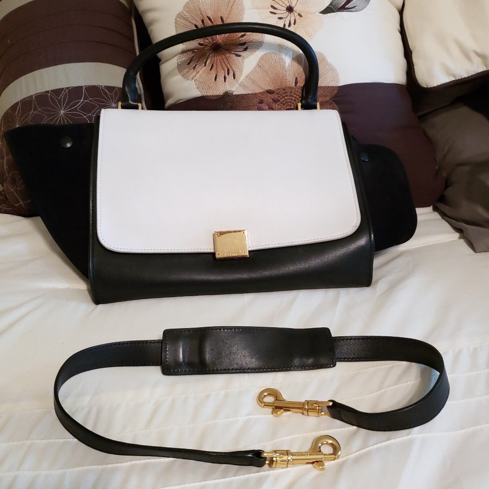 CELINE Trapeze MEDIUM Satchel Shoulder Handbag Black & White Calfskin